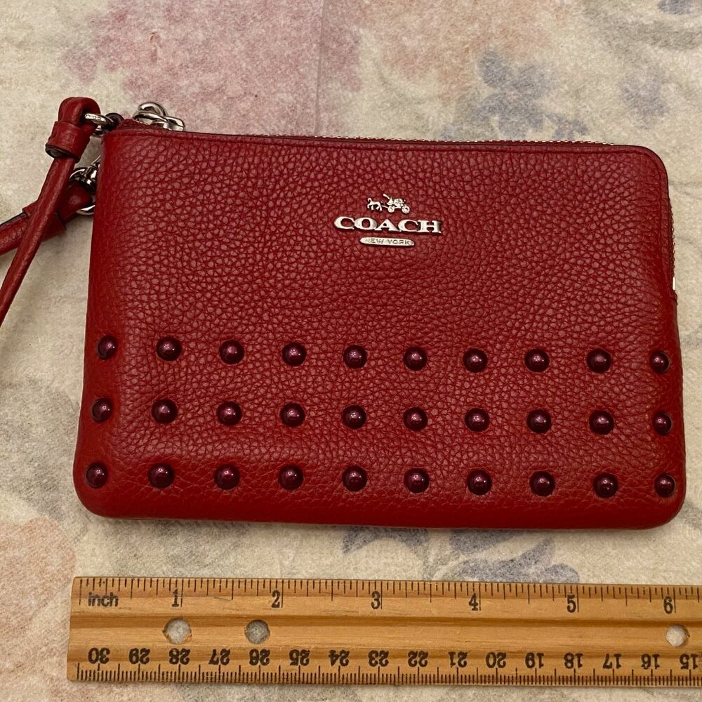 Nice COACH Leather Wristlet w/Studs 2 CC Slots Inside Red 6" x 4" Brand New